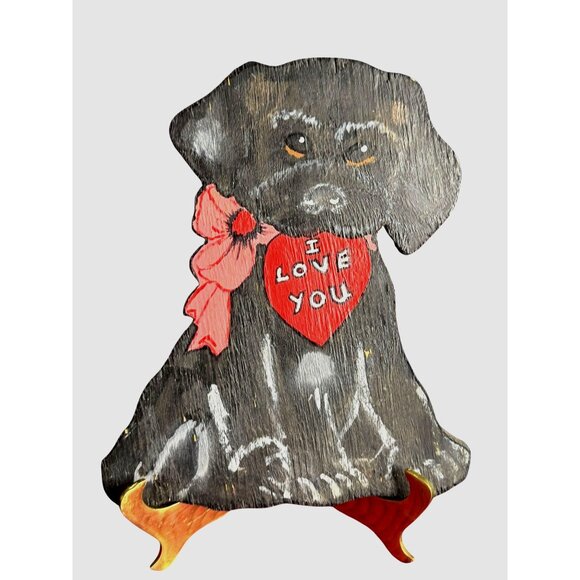 Wooden Dog Figurine With "I Love You" Painted Design Wall Decor - Picture 3 of 4
